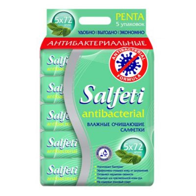 Салфетки влажные Salfeti antibac, 72 шт, упаковка 5 шт, высший сорт, антибактериальные, с клапаном