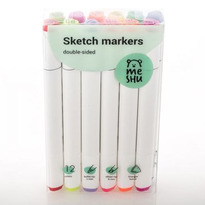 Набор маркеров для скетчинга MESHU 12цв., основные и флуоресцентные цвета