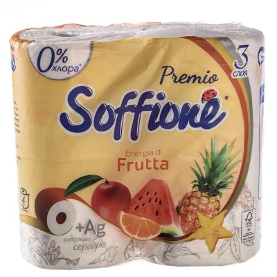 Бумага туалетная Soffione Premio Energia di Frutta, трехслойная, 4 рулона