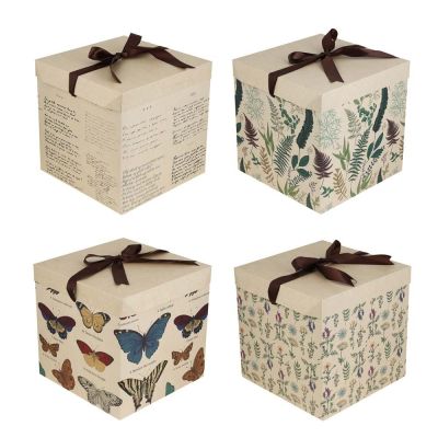 Коробка подарочная, складная, с лентой, 25x25x25 см, 4 дизайна, цветы, бабочки